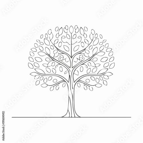 A detailed line drawing of a deciduous tree with a full canopy of leaves and branches