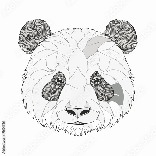 Detailed black and white illustration of a panda bear's face with artistic line work