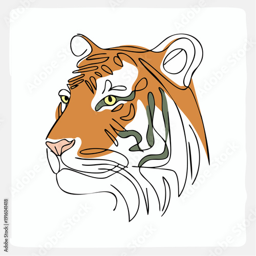 Minimalist single-line drawing of a fierce tiger's head with striking orange and yellow accents