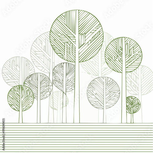 Stylized trees with intricate linear patterns creating a clean and modern abstract nature scene