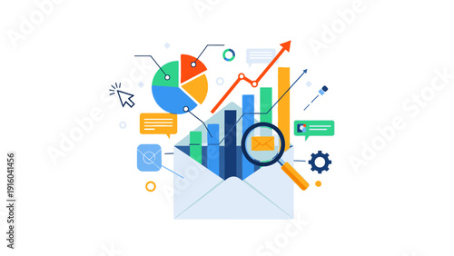 A colorful illustration of business and analytics icons emerging from an envelope with a mix of graphs, charts, and tools in a vibrant, modern style.