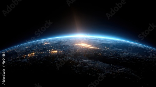 Earth Globe from Space with City Lights and a Brilliant Sunrise on the Horizon
