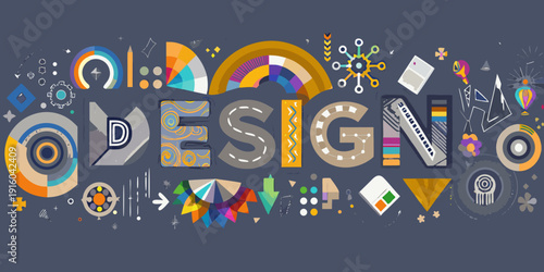 Colorful design elements and shapes compose the word design