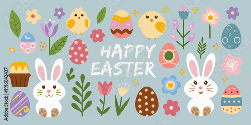 A cheerful easter illustration with chicks bunnies eggs and spring flowers