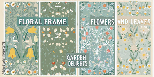Four floral patterned panels with text overlays garden delights