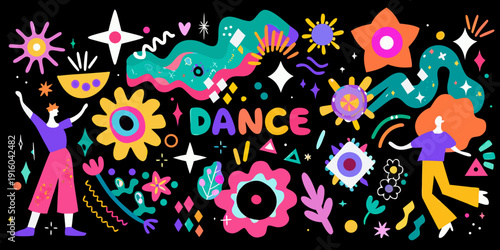 Colorful abstract illustration featuring dancing figures and sparkling celestial elements