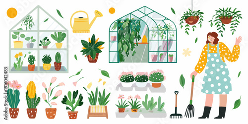 A colorful illustration depicting a greenhouse plants and a gardener