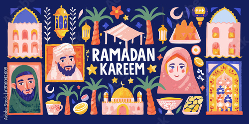 Colorful ramadan kareem illustration with islamic architecture and people