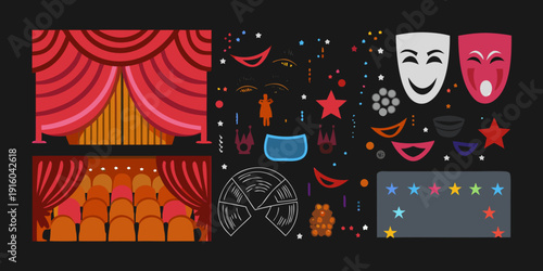 A colorful collage representing theater elements stages masks and performance props