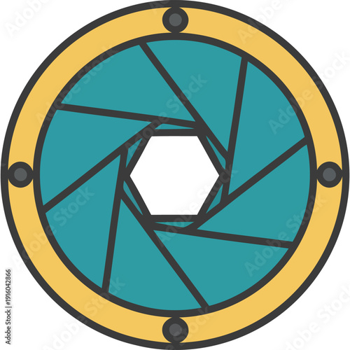 A graphic illustration of a camera shutter on a white background with yellow accents.