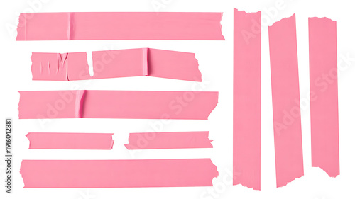 Set of pink adhesive tape strips isolated on transparent background

