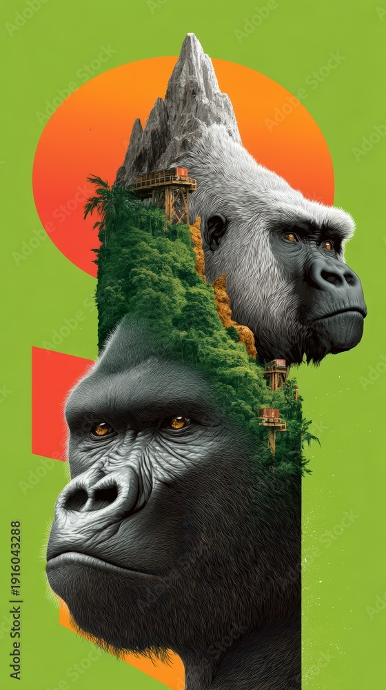 Fototapeta premium Environmental conservation poster with gorilla and jungle scenery