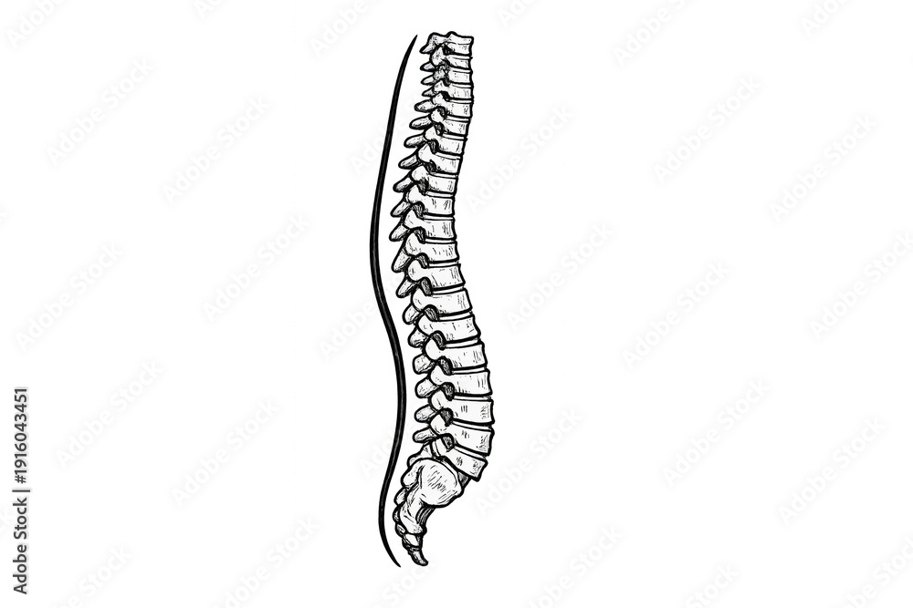 Obraz premium Human vertebral column in hand drawn style, showing the backbone and spinal cord on a transparent background