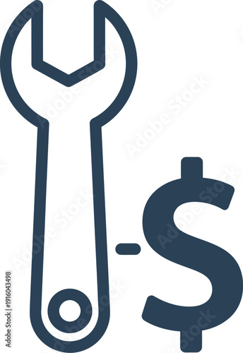 Wrench and dollar sign symbolizing maintenance cost or repair service fee concept on white background