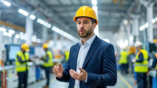 A man in a suit and hard hat gestures, speaking in a factory setting