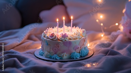 Small birthday cake with pastel frosting fairy lights casting a cozy glow