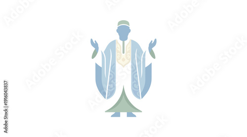 Simple blue and green illustration of a person in traditional attire.