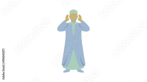 Muslim man praying with hands raised in supplication.