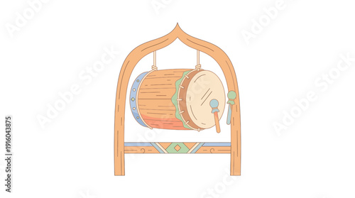 Traditional drum hanging from a decorative wooden frame.