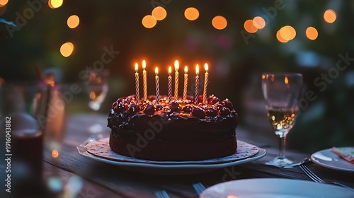 Small chocolate birthday cake with candles fairy lit outdoor dinner table