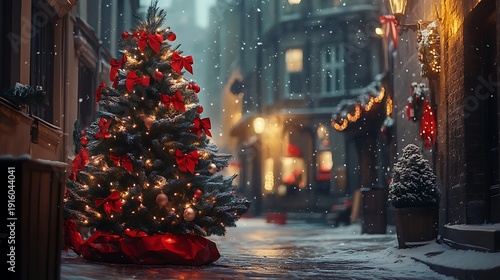 Small town square Christmas tree glowing with red bows and festive charm
