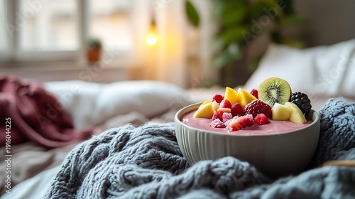 Smoothie bowl with fruit fluffy throw blanket and airy morning light in a bedroom