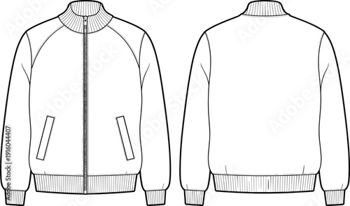 Men bomber jacket cad drawing, flat vector illustration, front and back view, fashion technical sketch, apparel template, isolated clothing design for production