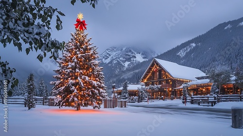 Snow covered mountain lodge Christmas tree glowing with red bows