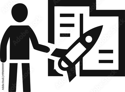 Business professional outlining a new startup project plan with a dynamic rocket launch concept