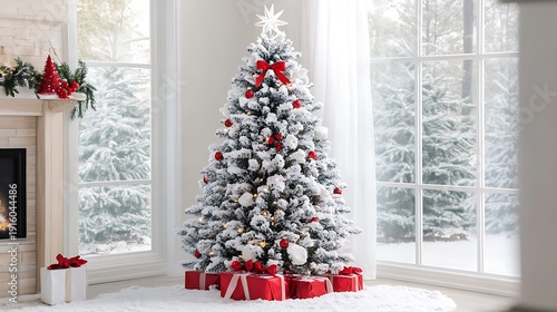 Snow dusted Christmas tree decorated with red bows white lights and stars