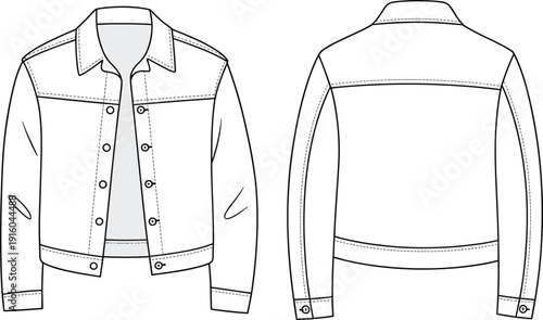 Men denim jacket cad drawing, flat vector illustration, front and back view, fashion technical sketch, apparel template, isolated clothing design for production
