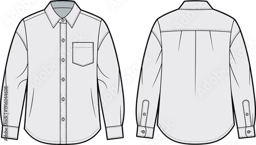 Men long sleeve shirt cad drawing, flat vector illustration, front and back view, fashion technical sketch, apparel template, isolated clothing design for production