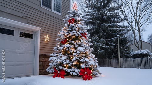 Snow dusted Christmas tree decorated with red bows white lights and stars