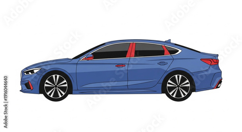 Modern Blue Sedan Car Isolated on White Background.