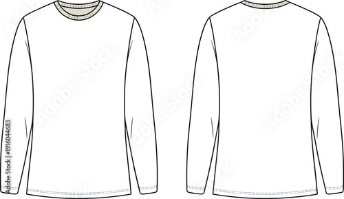 Men long sleeve t shirt cad drawing, flat vector illustration, front and back view, fashion technical sketch, apparel template, isolated clothing design production