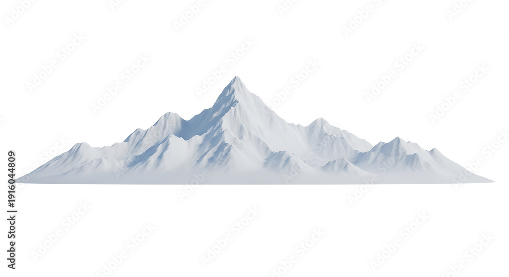 Fototapeta premium Snowy mountain range with rugged peaks isolated on white background