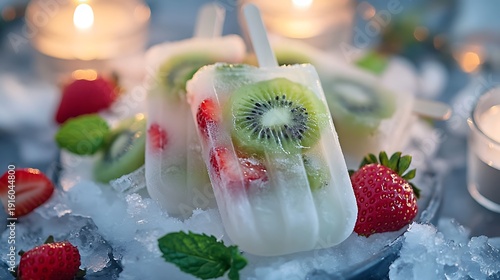 Snow popsicles adorned with sliced kiwi strawberries and mint under soft candlelight