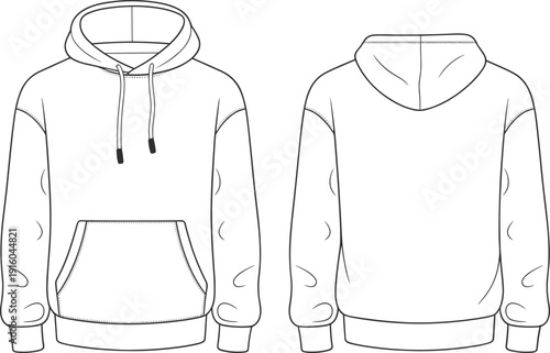 Men pullover hoodie cad drawing, flat vector illustration, front and back view, fashion technical sketch, apparel template, isolated clothing design for production