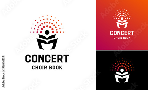 Concert choir book performance people accompaniment creative logo vector, Circular composer stage shine luxury vector logo design, Initial letter M simple book logo symbol