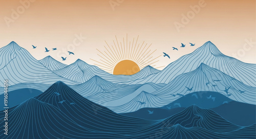 Sunrise over majestic snow capped mountain range with birds flying.