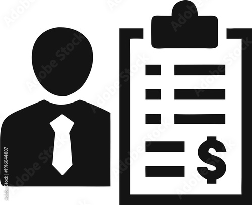 Corporate business person icon wearing a tie next to a clipboard showing financial reports and dollar sign