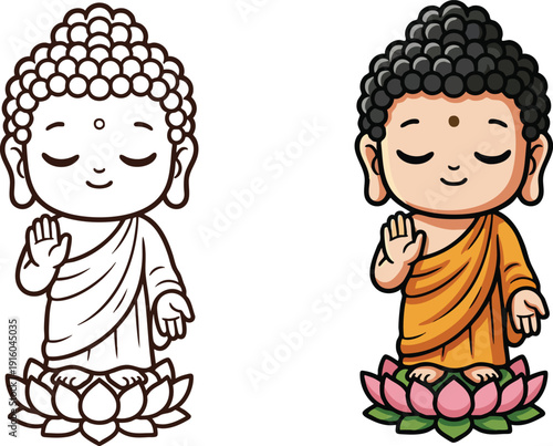 A serene vector illustration featuring a cute baby Buddha standing on a blooming pink lotus flower