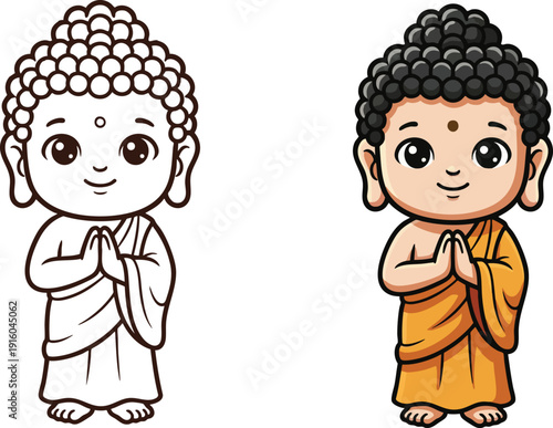 A cute chibi style Buddha Gautama standing with Anjali's hand. Vector flat image style.