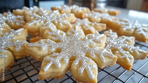 Snowflake shaped cookies dusted with powdered sugar and silver sprinkles