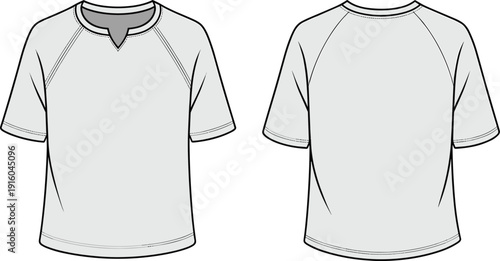 Men raglan sleeve t shirt cad drawing, flat vector illustration, front and back view, fashion technical sketch, apparel template, isolated clothing design production
