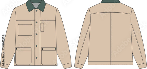 Men workwear jacket cad drawing, flat vector illustration, front and back view, fashion technical sketch, apparel template, isolated clothing design for production