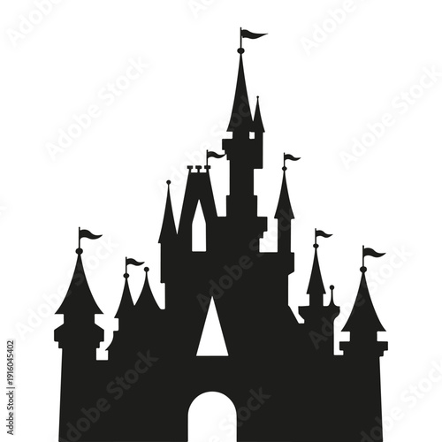 Fantasy castle silhouette with multiple turrets and flags isolated on transparent background