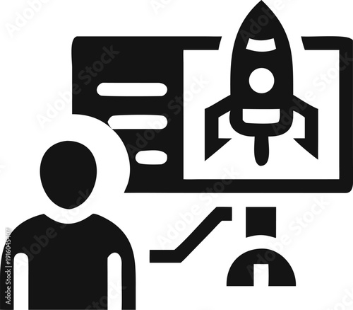 Entrepreneur presenting a new startup project rocket launch on a screen