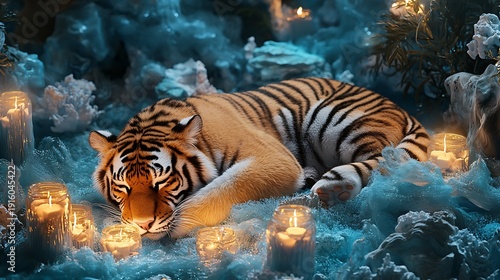 Stuffed tiger curled up beside luminescent ocean candles