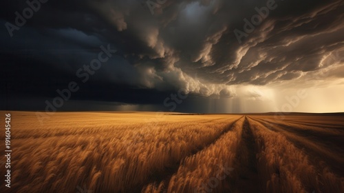 A dramatic landscape featuring golden fields under dark, towering storm clouds, evoking a sense of impending weather changes.
